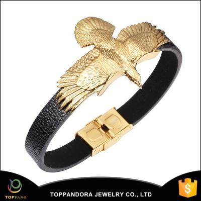 China Fashion Style Fresh Flight Eagle Style Gold Plated Stainless Steel Leather Bracelet For Men for sale