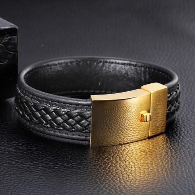 China Fashion Cool Style Classic Design 18K Gold Plated Stainless Steel Mens Leather Bracelet for sale