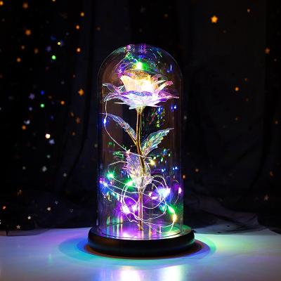 China Beautiful Valentine Mother's Day Gift Artificial Flower 24K Gold Foil Colorful Glass Dome Rose LED Lamp Rose Decorative Flower With Lamp for sale