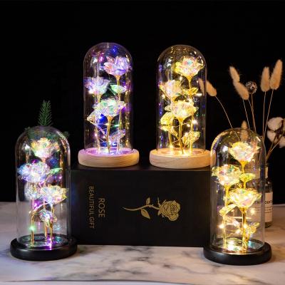 China Christmas Ornament Opens Christmas and Valentine's Day Gifts Three Ornaments Creative Luminous LED Gold Foil Flower Glass Cover Lights Decorative Gifts for sale