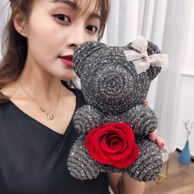 China Japan and South Korea style Valentine Black Flower Artificial Rose Bear the gift preserved Rose Bear Gift Box for sale