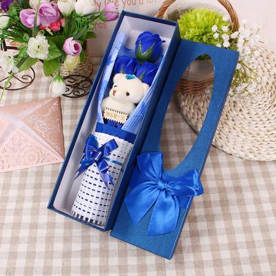 China Various Parts 3 Rose + Blue Bear Bride Wedding Bouquet With Box Teddy Bear Bouquet De Fleur for sale