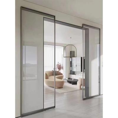 China Decorative Tempered Glass Kitchen Ghost Door Design Slim Frame Sliding Hidden Aluminum French Doors Track Sliding Door Interior for sale