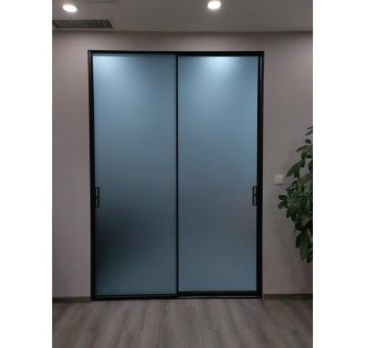 China Modern Interior Slim Profile Aluminum Slim Tempered Glass Frame Bathroom Decoration Style Sliding Door for sale