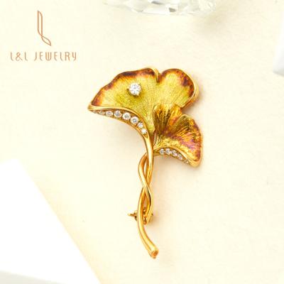 China Wholesale Original New Leaf Diamond Solid Gold Jewelry 18K Gold Enamel Jewelry Brooch Party Wedding Wedding New Year Gift Enamel Brooch for sale