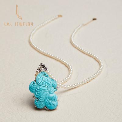 China New Design Cute Fancy Nature Blue Fairy Turquoise With 18K White Gold Nature Diamond Sapphire Pearl Necklace Chain Pendant Jewelry for sale