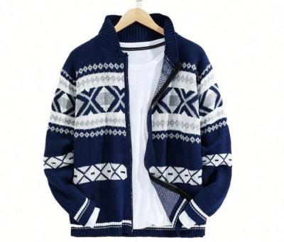 China Men's Autumn Zipper Cardigan Man Jacquard Sweater Comfy And Warm Blue Fall for sale