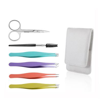 China Colorful Eyebrow Beauty Tools Customize Stainless Steel 6Pcs Slanted Eyebrow Tweezers Scissor Set for sale