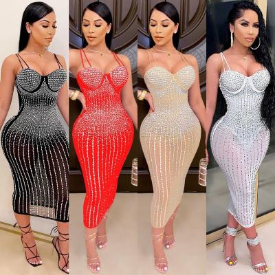 China Gold Anti-Static Supplier Tending Sexy Party Diamond Crystal Glitter Lace One Piece High Waist Women's Midi Summer Dress Skinny Dresses for sale