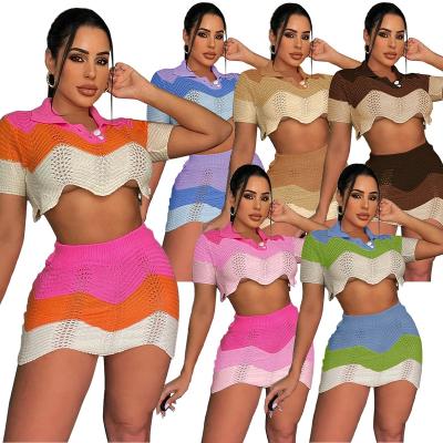 China 2022 Best Selling Breathable Products Rainbow Color Asymmetrical Knit Mesh Club Wear Evening Dresses Women's Two-Piece Outfit Summer Dress for sale