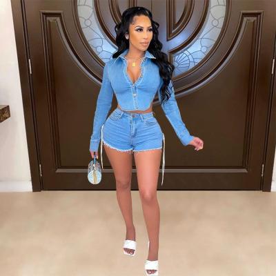 China Lady 2022 New Arrival Trend Anti-pilling Casual Denim Shorts Tie Up Sexy Party Wear Women's 2 Piece Sets Plus Size Women's Clothing Clothes for sale