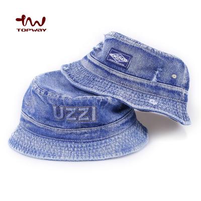 China Custom Washed Character Summer 2021 Outdoor Bucket Hat Invisibility Embroidery Denim Bucket Hats for sale