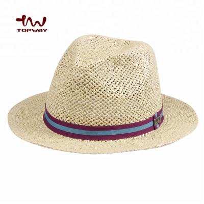 China OEM Factory Fashion Hollow Sombreros De Paja Wide Brim Striped Straw Hat Covers Straw Fedora Panama Hat With Rib Custom Stripe Band for sale