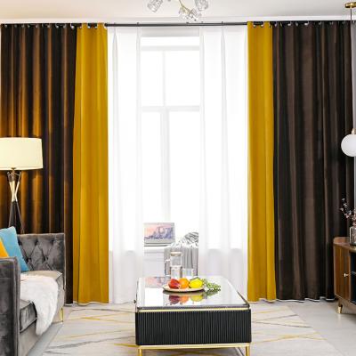 China Blackout Customized Luxury Royal Yellow Gold Brown High Quality Velvet And Gold Two Tone Color Curtains Hotel Blackout Fabric for sale