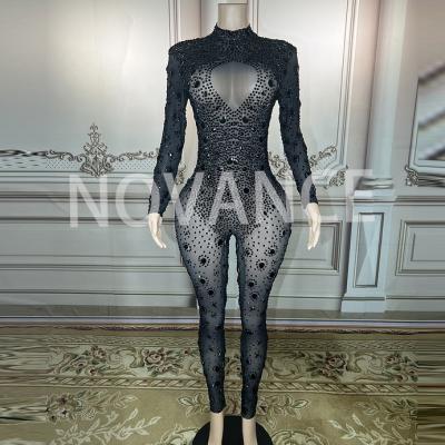 China Novance Y2095-D QUICK DRY Manufacturers For Clothing Long Sleeve But See Shiny Crystal Black Rhinestone Dress Club Party Dance Overalls for sale