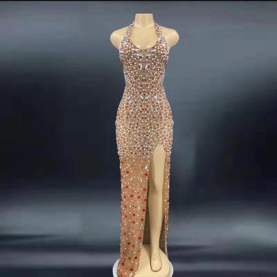 China Luxury Anti-Static Women's Clothing 2021 Ladies Sparkle Rhinestones Long Dress Prom Split Crystal Backless Dresses Women Lady Elegant for sale