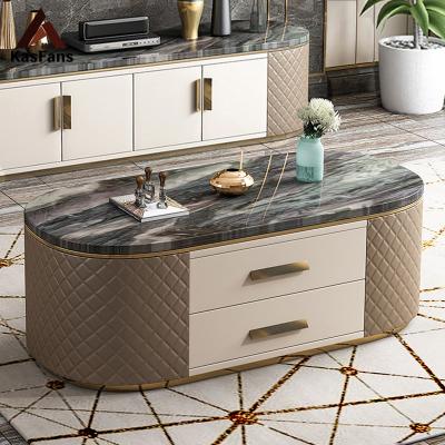 China Customized Clearance Sale Elegant Style Coffee Tables High Quality Marble Top Tea Tables Stainless Steel Base Center Tables with Cabinet for sale