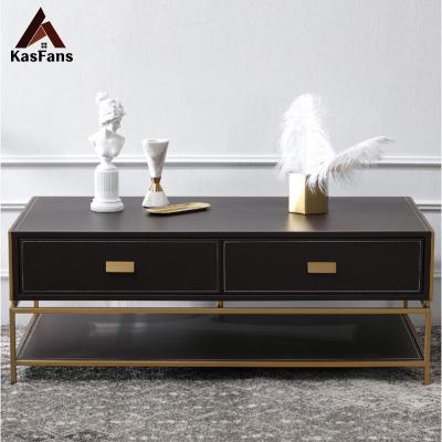 China Customized Clearance Sale Country Coffee Tables High Quality Leather Tea Tables Stainless Steel Base Rectangle Center Tables with Cabinet for sale