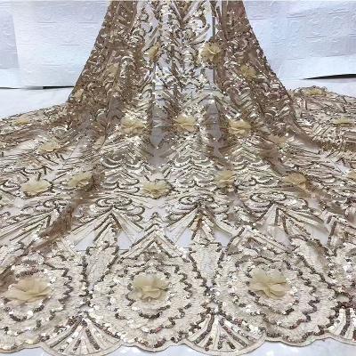 China Wholesale wedding bridal high quality net lace 3d flower lace fabric gold workable sequins beaded french lace fabric for party for sale