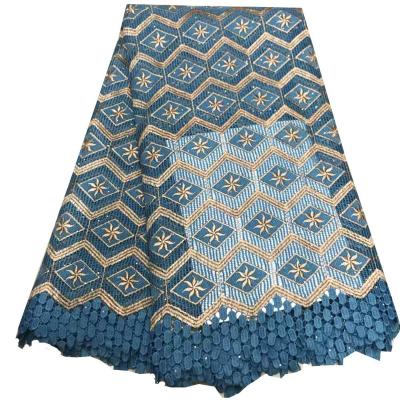 China New Style Viable Light Blue Nigerian Rope Lace 5 Yards Stones Tulle Lace Fabric Best Selling Wedding 3d Handmade Lace For Dresses for sale