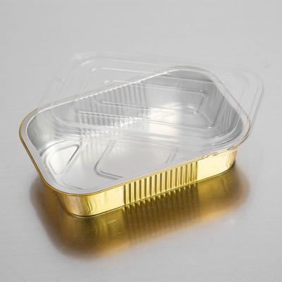 China Food Wall Smooth Gold Aluminum Foil Tray Turkey Molds Aluminum Foil Disposable Food Container With Plastic/Heat Seal Lid for sale