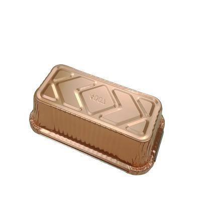 China 176*99*57mm Rectangular Durable Food Grade Airline Aluminum Foil Bread Pans Rose Gold Color Draw Pans With Clear Lids for sale