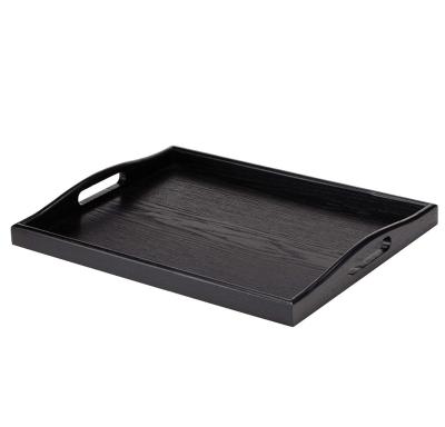 China Office Desk Set Tray Large Wood Black Rectangle Decorative Serving Ottoman Food Butler Tray With Cutout Handles for sale