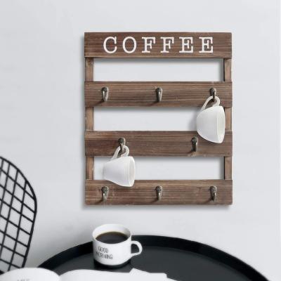 China Office Desk Set Wall Mounted Rustic Wooden Mug Organizer With 8 Hooks for sale