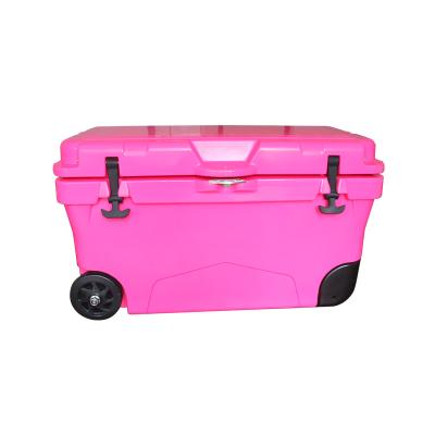 China Pink Color Waterproof Rotating Mount Insulated Plastic Ice Cooler Box With Wheels for sale