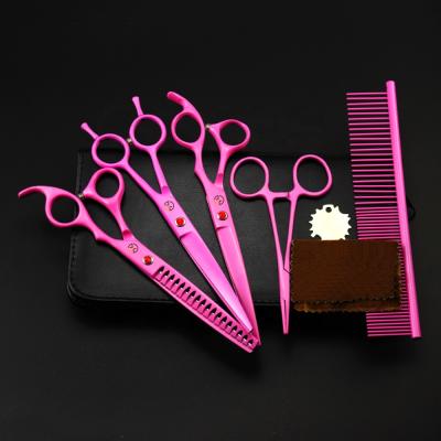 China 3pcs/set Durable 7.0 Inch 62HRC Pink Paint Elastic Handle 440C Stainless Steel Hair Cutting Scissors Kit for sale