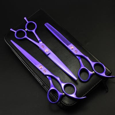 China Viable Sleek Appearance 7.0 Inch Purple Paint Shaped Scissors Pamper Dense Grooming Teeth Scissors Set for sale