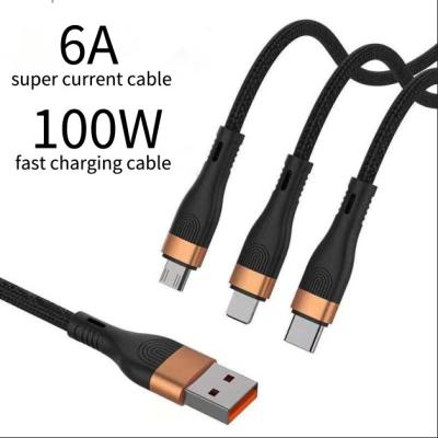 China Fast Charging Mobile Phone 6A Super High Current 100W Support 3 In 1 Cable Nylon Braided Cord Factory Direct Market Explosion for sale