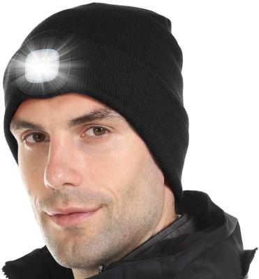 China JOINT Flash 3 Modes LED Beanie Hat With Lightweight Unisex USB Rechargeable Hands Free 4 LED Headlight Hat Winter Knitted Gift Jogging Race for sale