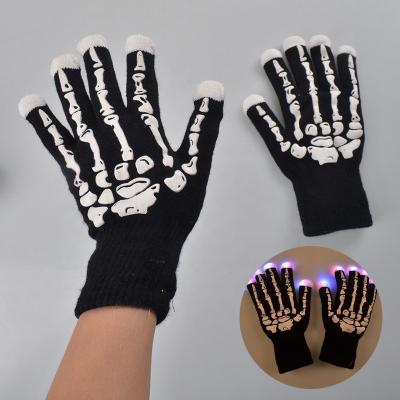 China 10% Acrylic Spandex Cosplay +90% Festival Kid Novelty Toys Knitted Black Ghost Skull Skeleton LED Finger Flashing Full Finger Gloves Halloween Halloween for sale