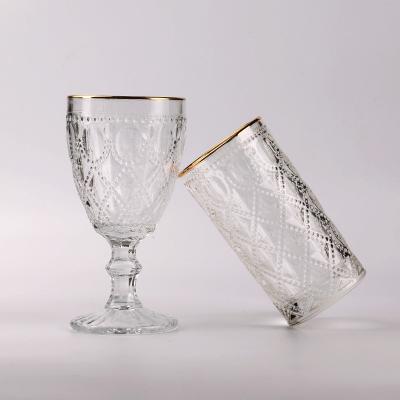 China Solid Color Wedding Restaurant Glass Birthday No Easy Broken Machine Made Decoration Glass Goblet Ribbed Gold Rim Glassware for sale