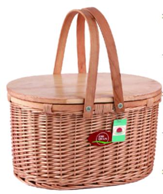 China China Willow Handmade Picnic Cooler Basket With Wooden Lid 1 Ring Under Lid To Keep Balance for sale