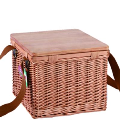 China China Willow Handmade Picnic Cooler Basket With Wooden Lid 1 Ring Under Lid To Keep Balance for sale