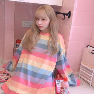 China Anti-wrinkle Rainbow Kawaii Hoodies Korean Fashion Autumn Women Sweatshirts Women Loose Harajuku Hoodie Long Sleeve Clothes Women for sale