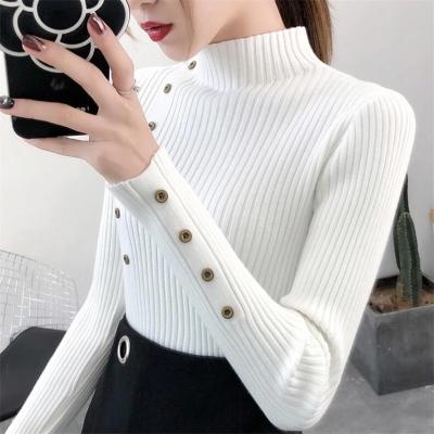 China Breathable K105 Women Knitted Slim Sweaters Solid Knitted Female Cotton Soft Elastic Color Pullovers Button Full Sleeve Turtleneck for sale