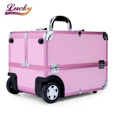 China New Nails Toolbox Durable Pink Multi-Layer Trolley Case Large Wheel Travel Suitcase Rolling Makeup Cosmetic Case Beauty Box for sale