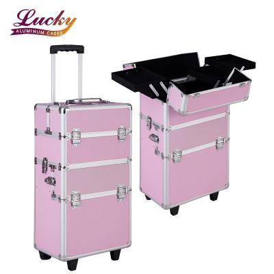 China Rolling Cosmetic Organizer Aluminum Trolley Train Case Durable Rose Makeup Case Salon Carry Case for sale