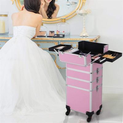 China Brand New Durable Professional Makeup Artist Trolley Travel Light Cosmetic Case Beauty Case Trolley Rolling Pink for sale