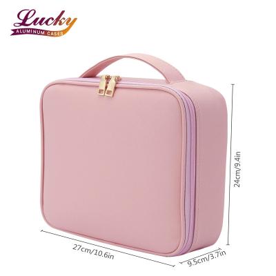 China OEM Large Capacity Waterproof Travel Makeup Bag Storage Portable Cosmetic Case Organizer Boxes With Pink Removable Dividers for sale