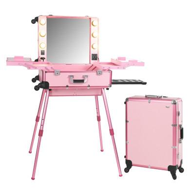 China Large Capacity Rose Rolling Cosmetic Box With Light Leg Mirror Train Beauty Case for sale