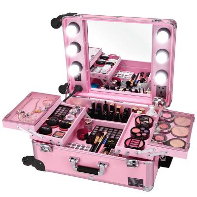 China High Fashion Durable Aluminum Rolling Makeup Case Light Wheeled Storage Box Pink for sale