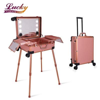 China 2020 Large Beauty Durable Makeup Trolley Aluminum Case Travel Train With LED Light/Mirror Case For Cosmetics for sale