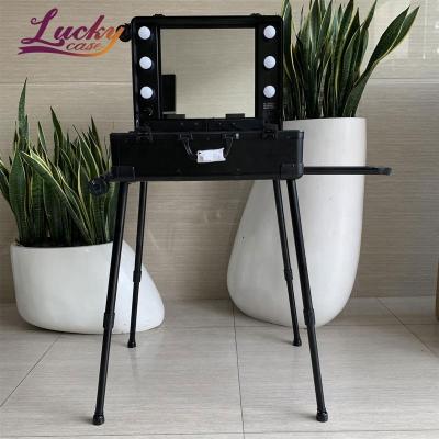 China Luxury Large Capacity Makeup Case With 3 Color Lights Makeup Workstation Professional Cosmetic Storage Mirror Adjustable Cosmetic Case for sale