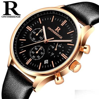 China Ontheedge Multifunctional Waterproof Male Brand Chronograph Mens Wristwatches Business Clocks Genuine Leather Man Watches Quartz Calendar for sale