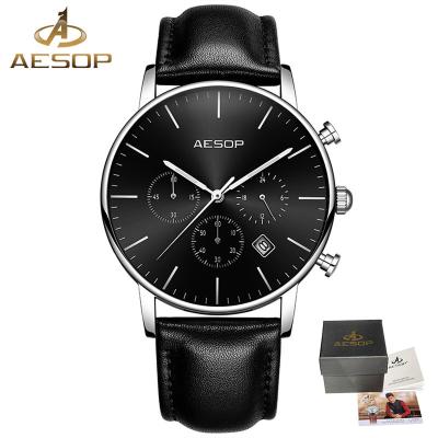 China Chronograph AESOP Brand Fashion Men Watch Quartz Black Slim Leather Wrist Watch Waterproof Male Clock Relogio Masculino Hodinky for sale