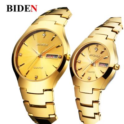 China Chronograph Gold Couple Watches Japan Quartz Movement All Stainless Steel Luxury Watch for sale